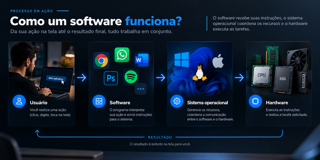 Diagrama mostrando a relação entre usuário, software, sistema operacional e hardware