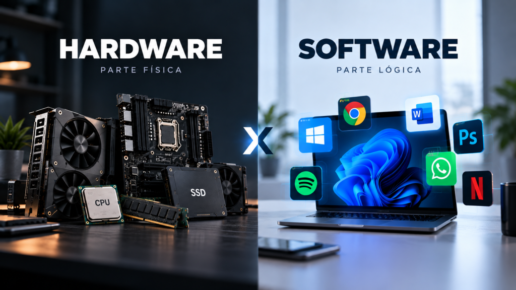 Comparação entre hardware e software mostrando componentes físicos e programas de computador