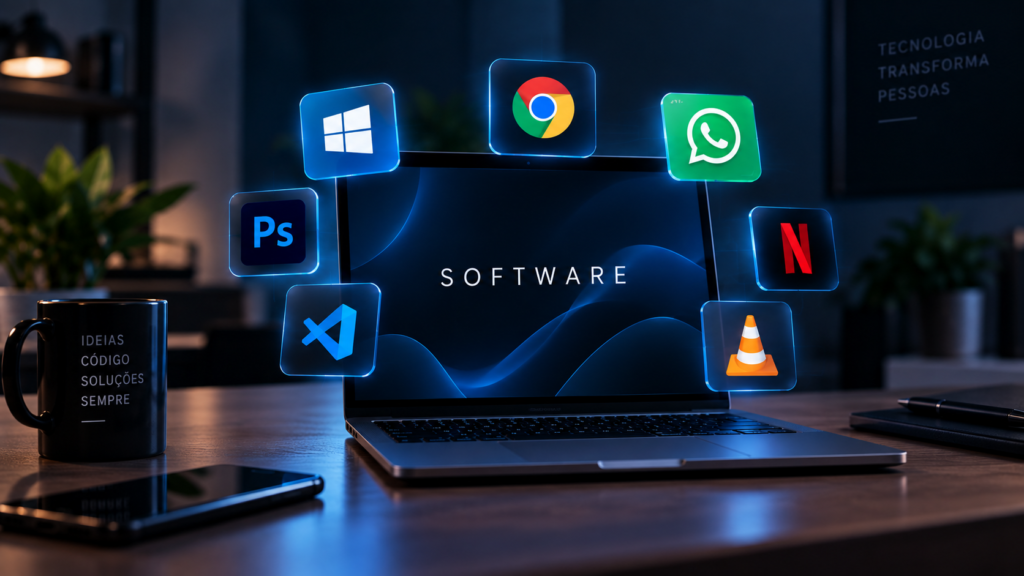 Infográfico com os principais tipos de software: sistema, aplicativos, desenvolvimento, drivers e firmware